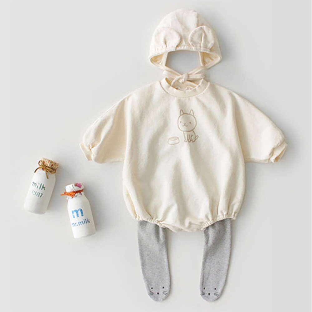 Cute Puppy Printed Baby Romper Set w/ Hat White